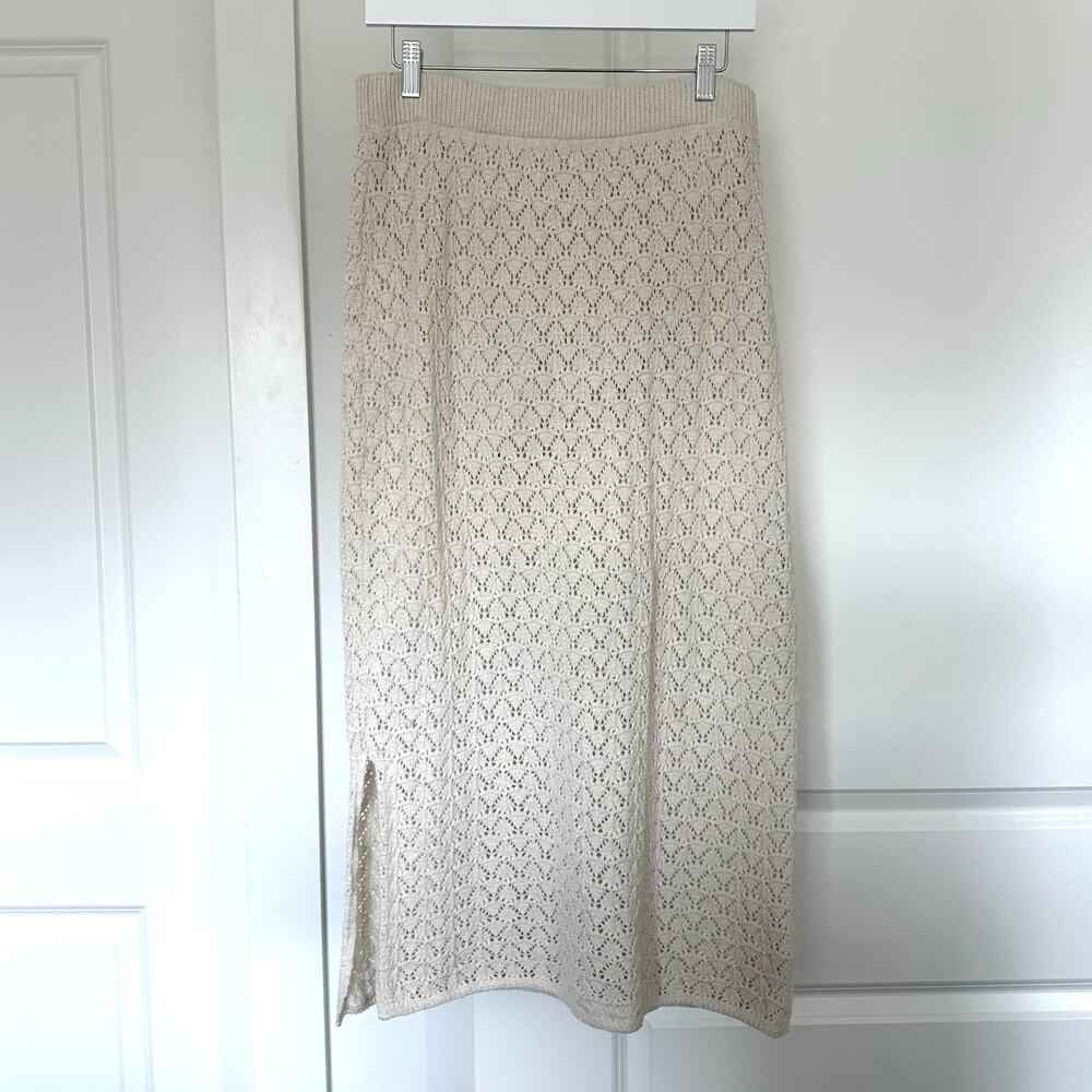 Promod (US XL) Cream Knit Crochet High Waisted Midi Skirt- Boho, Coastal Grandma